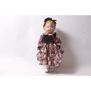 1990s Daisy Kingdom 18" Vinyl Doll in Floral Dress Black Vest ~260302-WH M-15-06